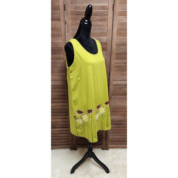 Coral Bay Casual Sleeveless Lime Green Sunflower Cotton Shift Dress Size XL - Picture 2 of 8